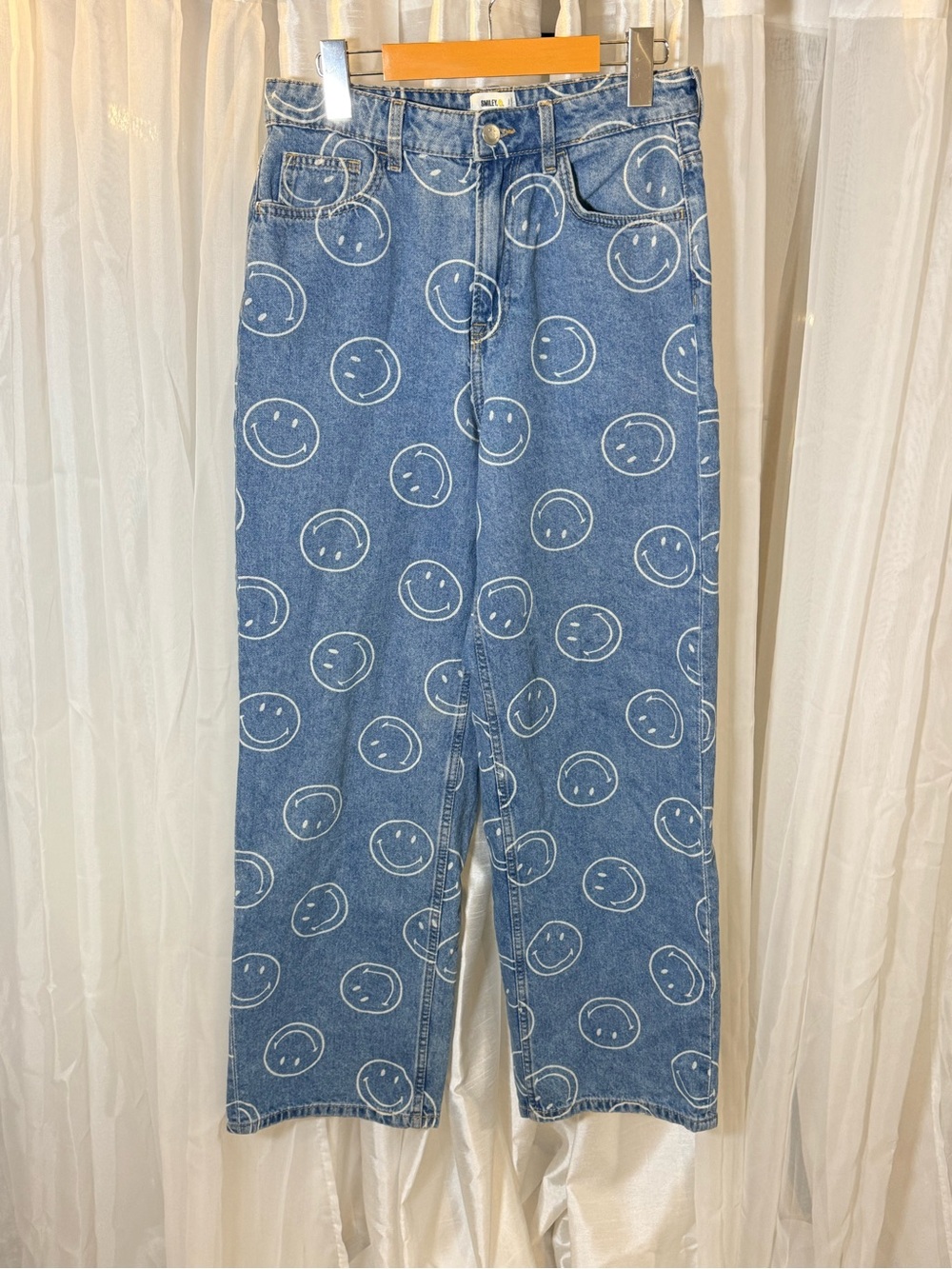 Women's Blue Straight-Leg Denim Jeans with Smiley Print